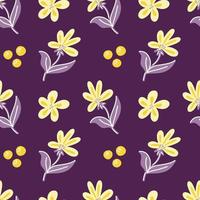 Vektormuster mit lila und gelben abstrakten Zweigen von Blättern und Blumen auf einem lila Hintergrund. Botanisches Muster für Postkarten, Geschenke, Feiertage, Stoffe, Verpackungen vektor