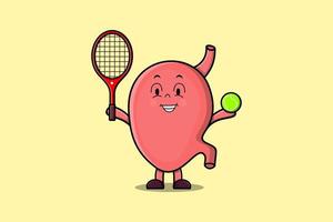 söt tecknad serie mage karaktär spela tennis fält vektor