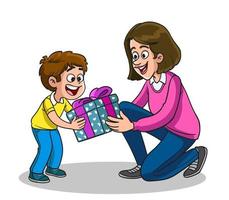 vektorillustration der mutter, die seinem sohn ein geschenk gibt. konzept von familie, pflege und liebe vektor