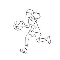 linje konst flicka spelar basketboll illustration vektor hand dragen isolerat på vit bakgrund