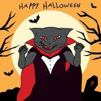 Katzenvampir auf gruseligem Hintergrund. Fröhliches Halloween. handgezeichnete Vektorgrafiken vektor