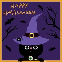 Halloween-Grußkarte der schwarzen Katze im Hut mit Augenbonbons. Fröhliches Halloween. handgezeichnete Vektorgrafiken. Katzenhexe auf lila Hintergrund mit Zweigen und Fledermäusen. handgezeichnete Schriftart vektor