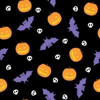 lila fladdermöss, pumpor och skalle på mörk bakgrund sömlös mönster. Lycklig halloween. ljus mönster för halloween vektor