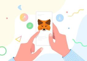 hände, die ein handy mit metamask-krypto-brieftasche für defi-, web3-dapps- und nfts-anwendungen halten. vektor