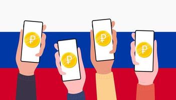 digitale rubel-rubbelmünzen auf dem mobilen bildschirm von menschen, cbdc-währung futuristisches digitales geld auf russland-flaggenhintergrund. Vektor