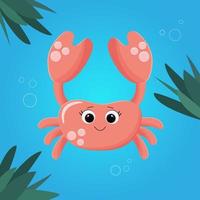 söt rosa krabba på en blå bakgrund med bubblor och alger vektor