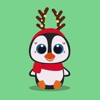 ein niedlicher Pinguin des neuen Jahres mit Hörnern und Girlanden, einem roten Schal und einem Hut vektor