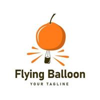 einzigartiger orangefarbener fruchtförmiger ballon, der im luftillustrationslogo fliegt, heißluftballonvektor vektor