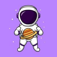 niedlicher astronaut, der mit saturn-planetenkarikatur-vektorikonenillustration schwimmt. flaches karikaturkonzept. geeignet für jedes kreative Projekt. vektor