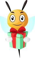 lächelnde Biene hält ein Geschenk, Illustration, Vektor auf weißem Hintergrund.