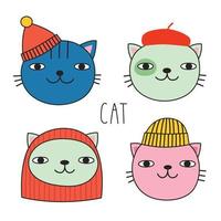 eine Reihe süßer Katzengesichter mit verschiedenen Hüten. Doodle-Stil. Vektor-Illustration vektor