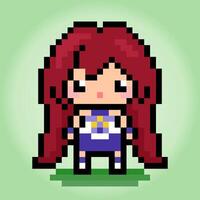 8-Bit-Pixel-Frauenfigur. Anime-Cartoon-Mädchen in Vektorgrafiken für Spiel-Assets oder Kreuzstichmuster. vektor