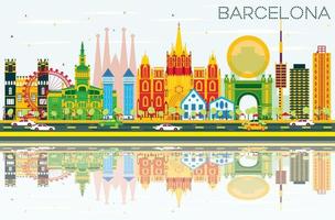 barcelona-skyline mit farbigen gebäuden, blauem himmel und reflexionen.