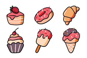 satz des illustrationsdesigns des süßen desserts. Sammlung von Eis, Krapfen und Kuchen vektor