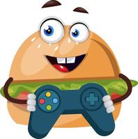 Burger mit Gamepad, Illustration, Vektor auf weißem Hintergrund.