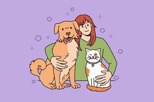 njuter företag av husdjur begrepp. leende positiv flicka fattande henne röd katt och hund känsla Lycklig med vänskap vektor illustration