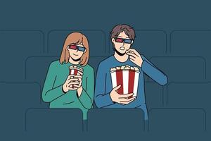 3d bio och underhållning begrepp. ung par pojke och flicka bär 3d särskild glasögon Sammanträde tittar på film i bio klubb äter popcorn har roligt vektor illustration