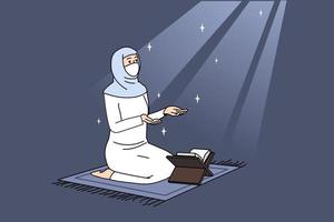 arabisch-islamisches religions- und spiritualitätskonzept. Frau arabische Ethnizität in traditioneller Kleidung und Koran sitzt auf Knien in der Moschee und betet Vektorillustration vektor