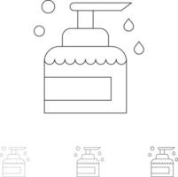 Reinigung Haus halten Produktspray Fett und dünne schwarze Linie Symbolsatz vektor