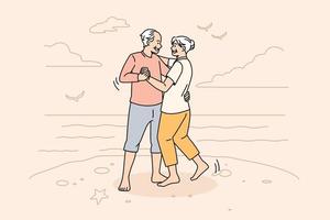 Lycklig aktiva livsstil av mogna människor begrepp. leende Lycklig positiv äldre par man och kvinna stående dans och njuter helgen på strand vektor illustration