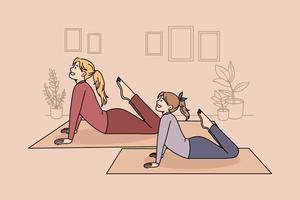 Familie gesunder Lebensstil und Yoga-Konzept. positive mutter und tochter, die yoga pilates praktizieren oder sich zu hause zusammen strecken, vektorillustration vektor