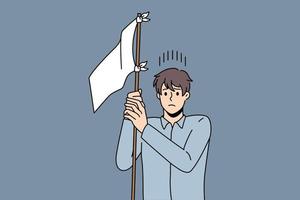 frustration und verlorene strategie im geschäft. junger denkender geschäftsmann mit frustriertem gesicht, der weiße flagge auf stick hält und versucht, sich in der marktvektorillustration zu orientieren vektor