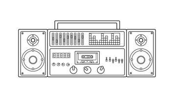 gammal retro årgång musik kassett tejp inspelare med magnetisk tejp på rullar och högtalare från de 70-talet, 80-tal, 90-tal. svart och vit ikon. vektor illustration