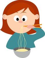 kvinna äter spaghetti, illustration, vektor på vit bakgrund.