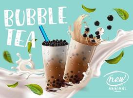 Bubble Tea Neuankömmlingsanzeige mit Milchspritzer und Blättern vektor