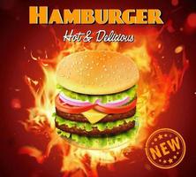 Deluxe King Size Burger Anzeige mit Feuereffekt dahinter vektor