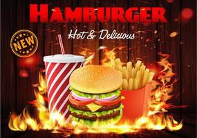 flammende Burger-Kombination auf Holzplakat vektor