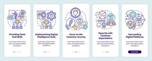 Digital-First-Strategie-Onboarding-Bildschirm für mobile Apps. E-Commerce Walkthrough 5 Schritte grafische Anleitungsseiten mit linearen Konzepten. ui, ux, gui-Vorlage. vektor