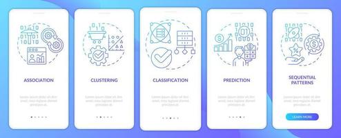 Data-Mining-Techniken blauer Farbverlauf beim Onboarding auf dem Bildschirm der mobilen App. Komplettlösung 5 Schritte grafische Anleitungsseiten mit linearen Konzepten. ui, ux, gui-Vorlage. vektor