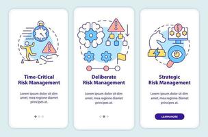 Betriebsrisikomanagementebenen beim Onboarding des Bildschirms der mobilen App. Business Walkthrough 3 Schritte grafische Anleitungsseiten mit linearen Konzepten. ui, ux, gui-Vorlage. vektor