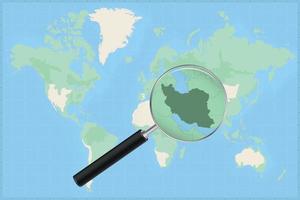 Weltkarte mit einer Lupe auf einer Karte des Iran. vektor