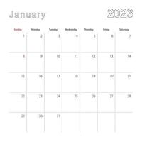 Einfacher Wandkalender für Januar 2023 mit gepunkteten Linien. der kalender ist in englisch, die woche beginnt am sonntag. vektor