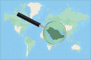 Weltkarte mit einer Lupe auf einer Karte von Saudi-Arabien. vektor