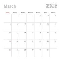 Einfacher Wandkalender für März 2023 mit gepunkteten Linien. der kalender ist in englisch, die woche beginnt am sonntag. vektor