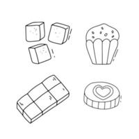 Schwarz-Weiß-Vektor-Süßigkeiten-Gliederungssymbole. Süßigkeiten, Zucker, Schokolade vektor