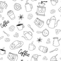 kaffe sömlös mönster. klotter kaffe kopp, kvarn och pott. vektor illustration på vit