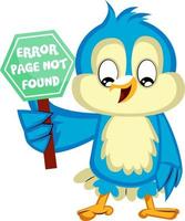 Blauer Vogel hält eine Fehlerseite nicht gefunden Zeichen, Illustration, Vektor auf weißem Hintergrund.