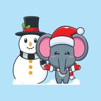 süßer elefant, der mit schneemann spielt. nette weihnachtskarikaturillustration. vektor
