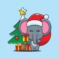süßer elefant mit weihnachtsgeschenk. nette weihnachtskarikaturillustration. vektor