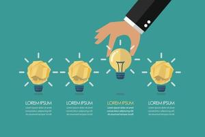 hand, die die perfekte idee unter den infografiken zu zerknitterten papierideen aufhebt vektor