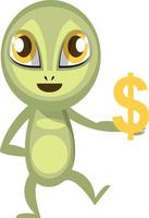 Alien hält Dollarzeichen, Illustration, Vektor auf weißem Hintergrund.