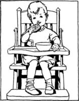 litet barn äter i hög stol, årgång illustration. vektor