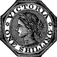 victoria ett shilling stämpel från 1864 till 1865, årgång illustration. vektor