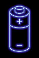 blauer Neonumriss der Batterie mit Plus- und Minuszeichen auf schwarzem Hintergrund. Gebührenzeichen. elektrische Energie vektor