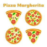 lustige süße glückliche pizza margherita zeichen bündelsatz. Vektor handgezeichnete Doodle-Stil Cartoon-Figur Illustration Icon-Design. süße pizza margherita maskottchen charakter sammlung