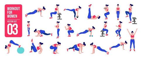 träna flicka uppsättning. kvinna håller på med kondition och yoga övningar. lunges och knäböj, planka och abc. full kropp träna. vektor